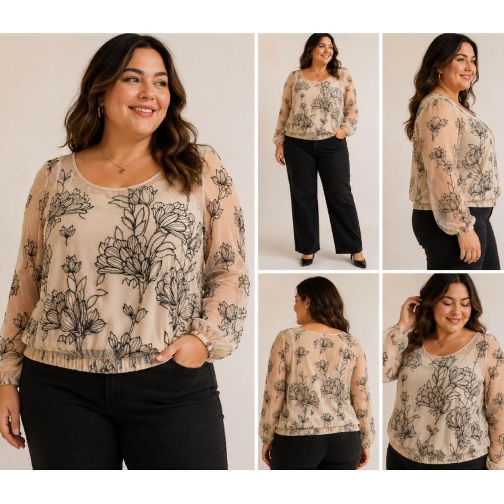 Sheer Floral Mesh Blouse Womens Large Romantic Beige Alfani